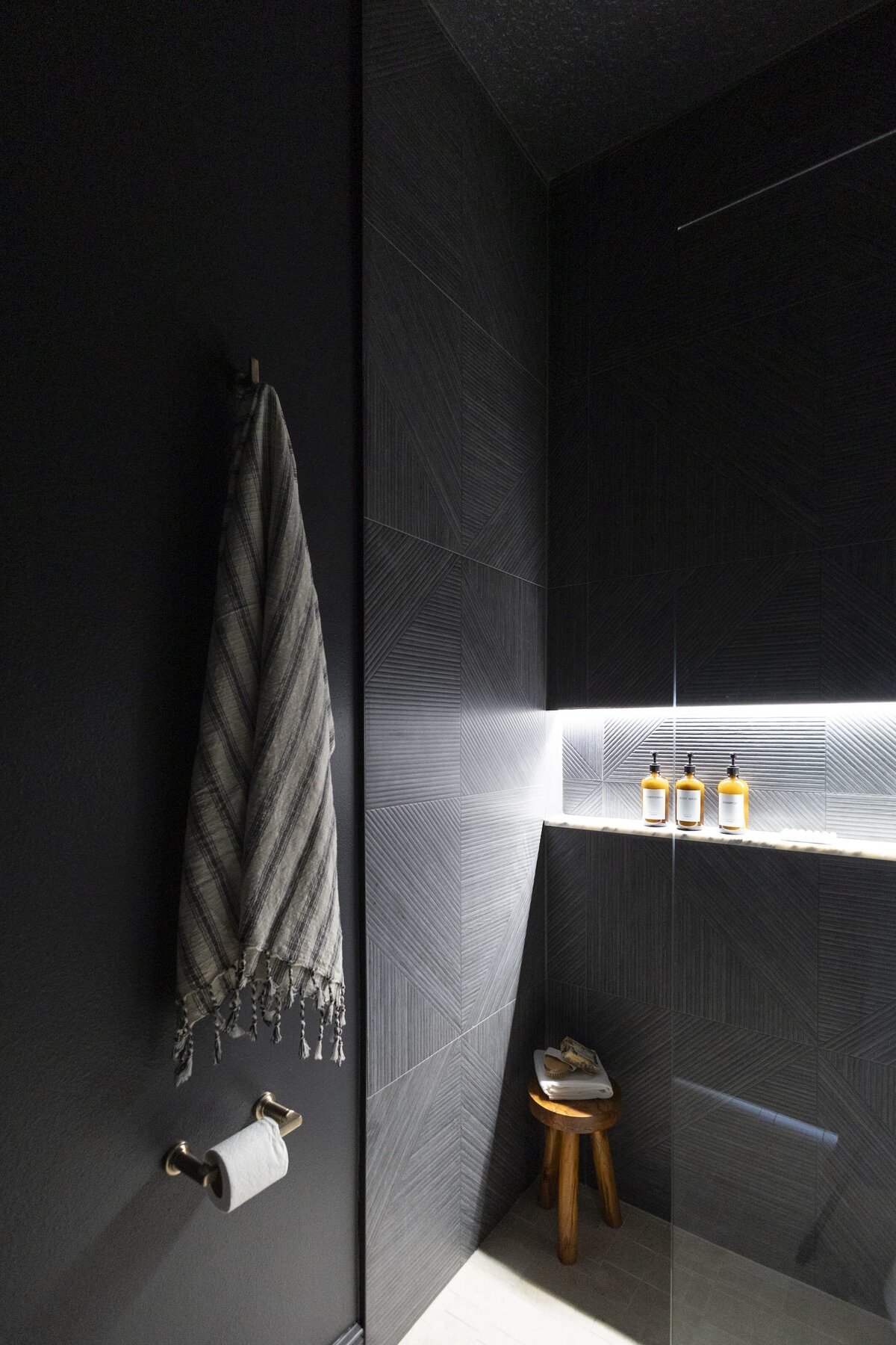 dewine design orlando interior designer contemporary coastal moody bathroom large shower with dark tile