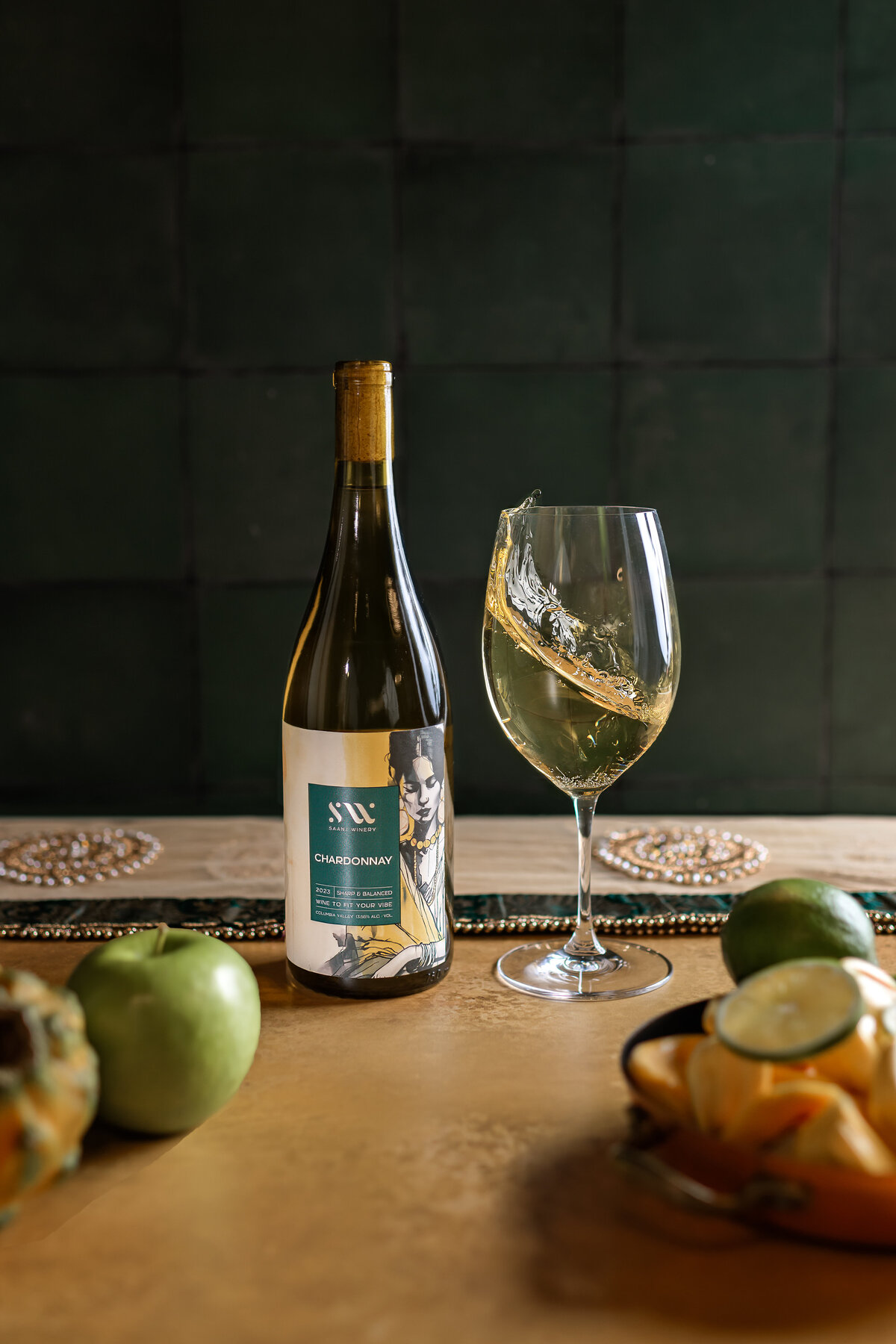 Creative product photo of Chardonnay in motion with a splash effect, photographed in Seattle for brands that want bold, eye‑catching imagery to elevate their marketing and advertising.