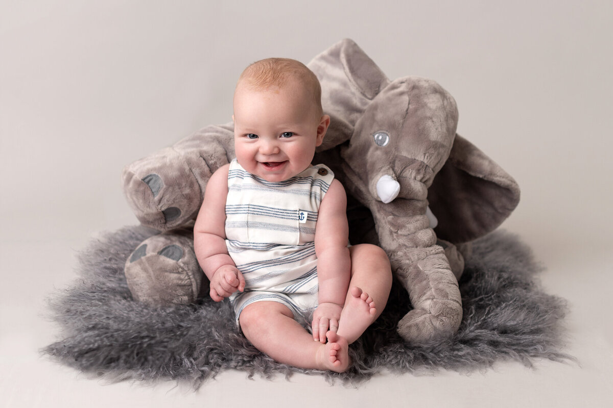 Sitting baby in an elephant background, photography by Laura King