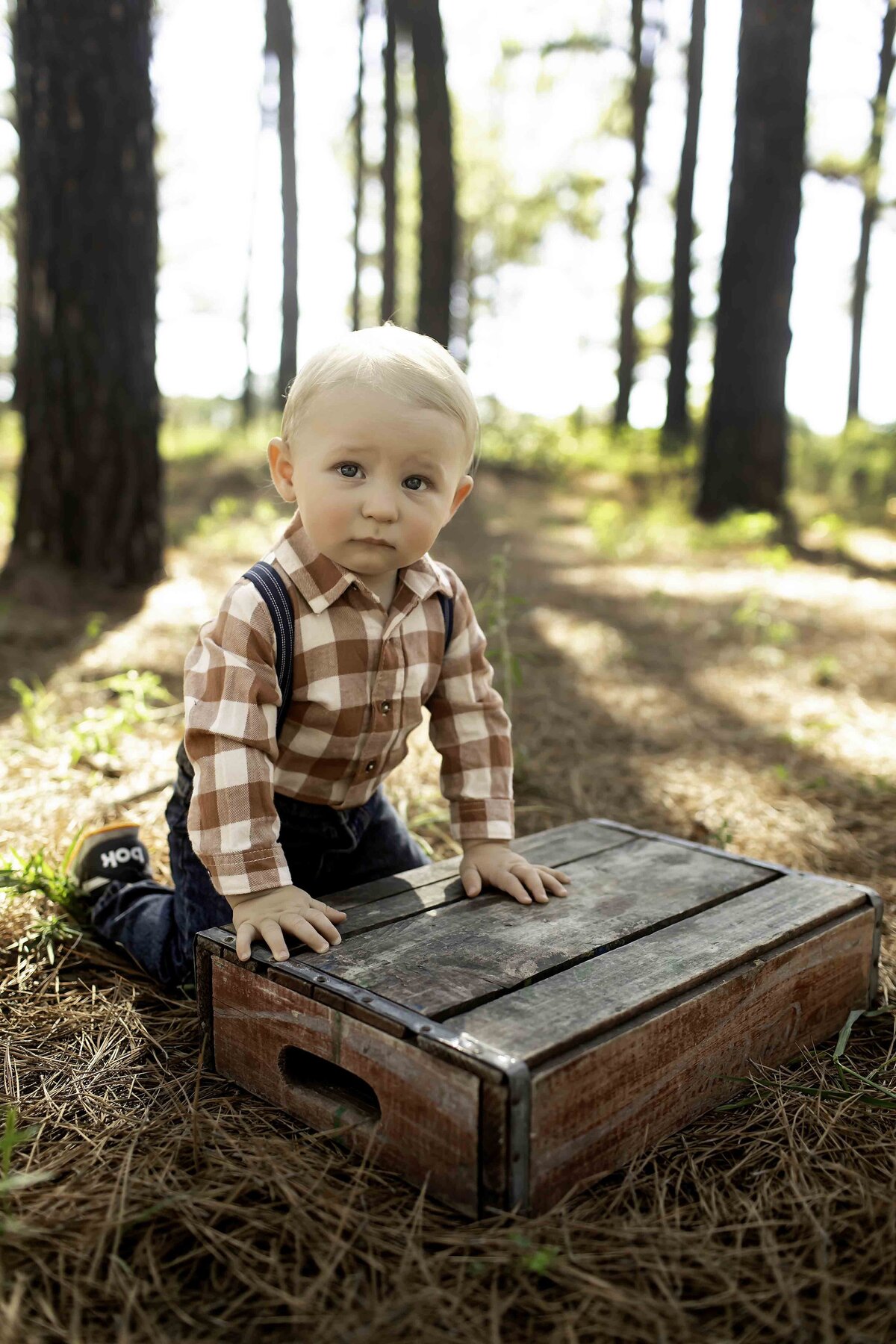 One-year-old birthday boy in overalls with suspenders, sitting on the ground near a pine tree with a happy smile