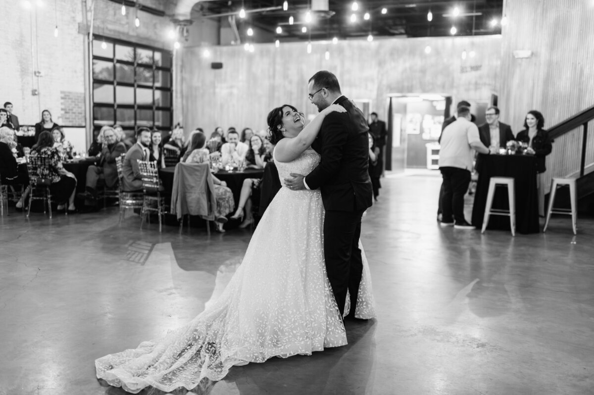 Black and white first dance wedding photo