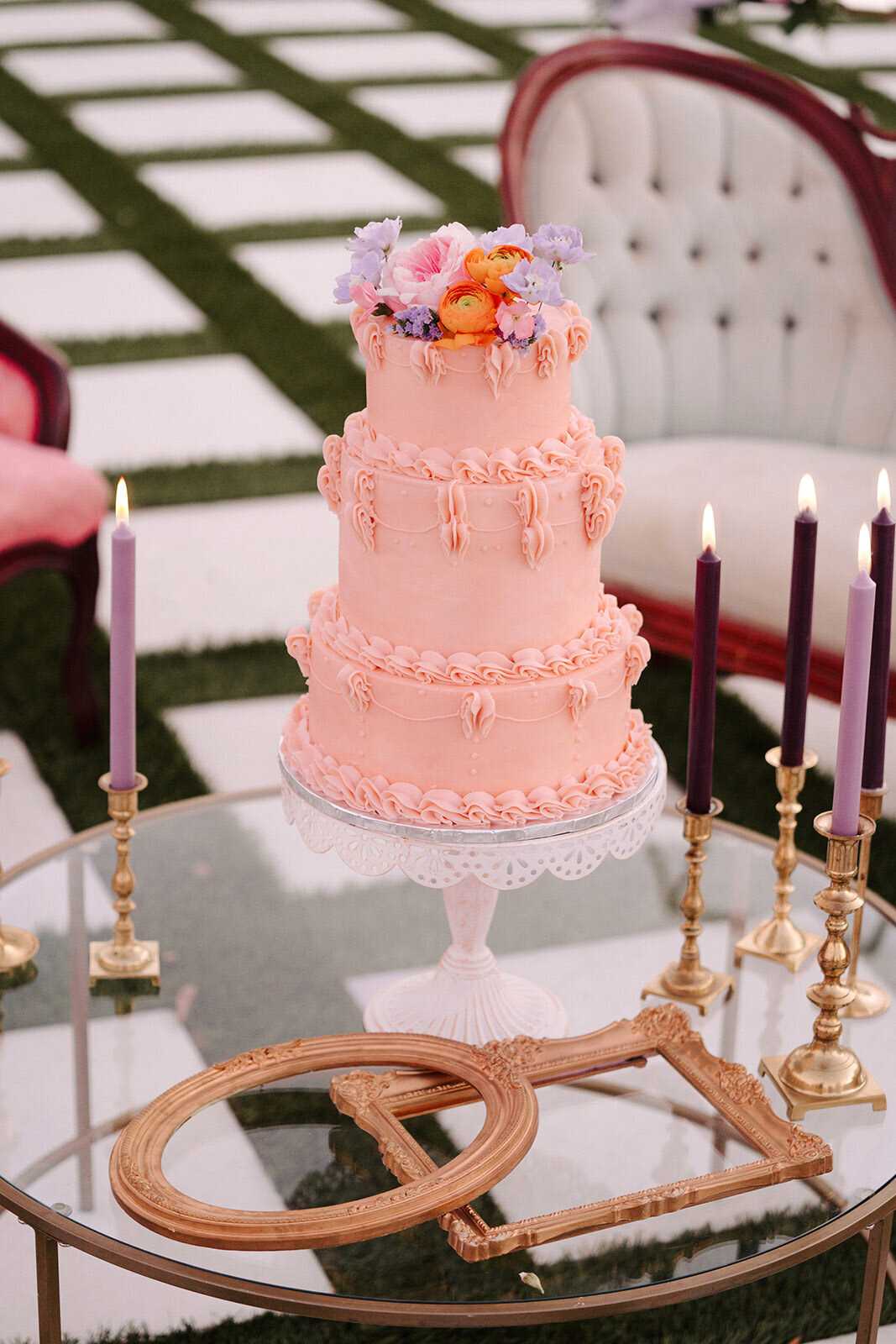Pink wedding cake in Raleigh, NC.