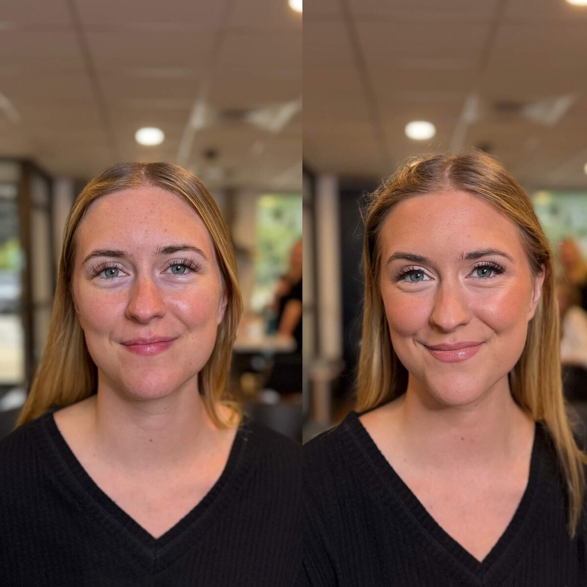 two images of a woman that shows her look before and after having her bridesmaid makeup done 