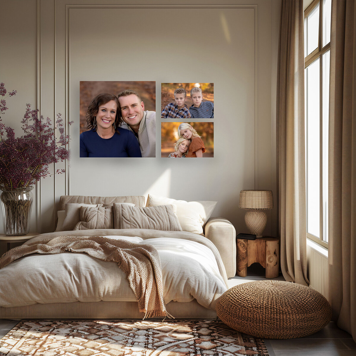 3 photos of Mom Dad and the kids shot by a Pella Family Photographer hangs over a bed