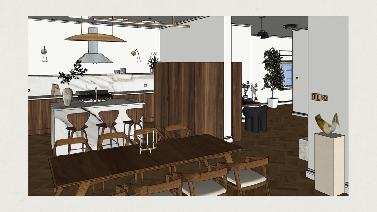 2D perspective of an open plan kitchen and dining space in a heritage home extension, designed to harmonise contemporary style with the home's original character.