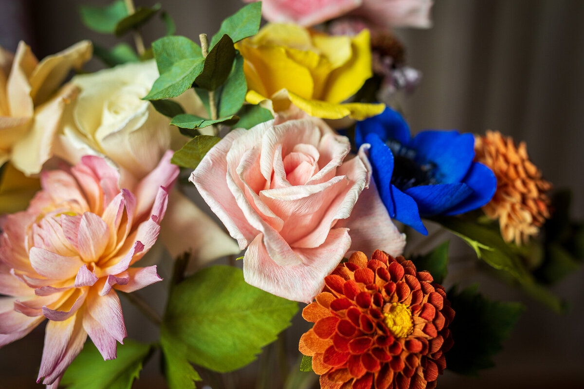 Recreation of wedding bouquet of dahlia, roses and anemonei n paper
