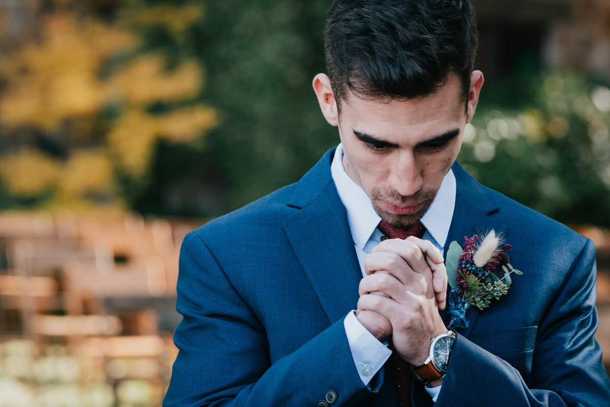 Groom waiting for bride at wedding venue in Norman Oklahoma