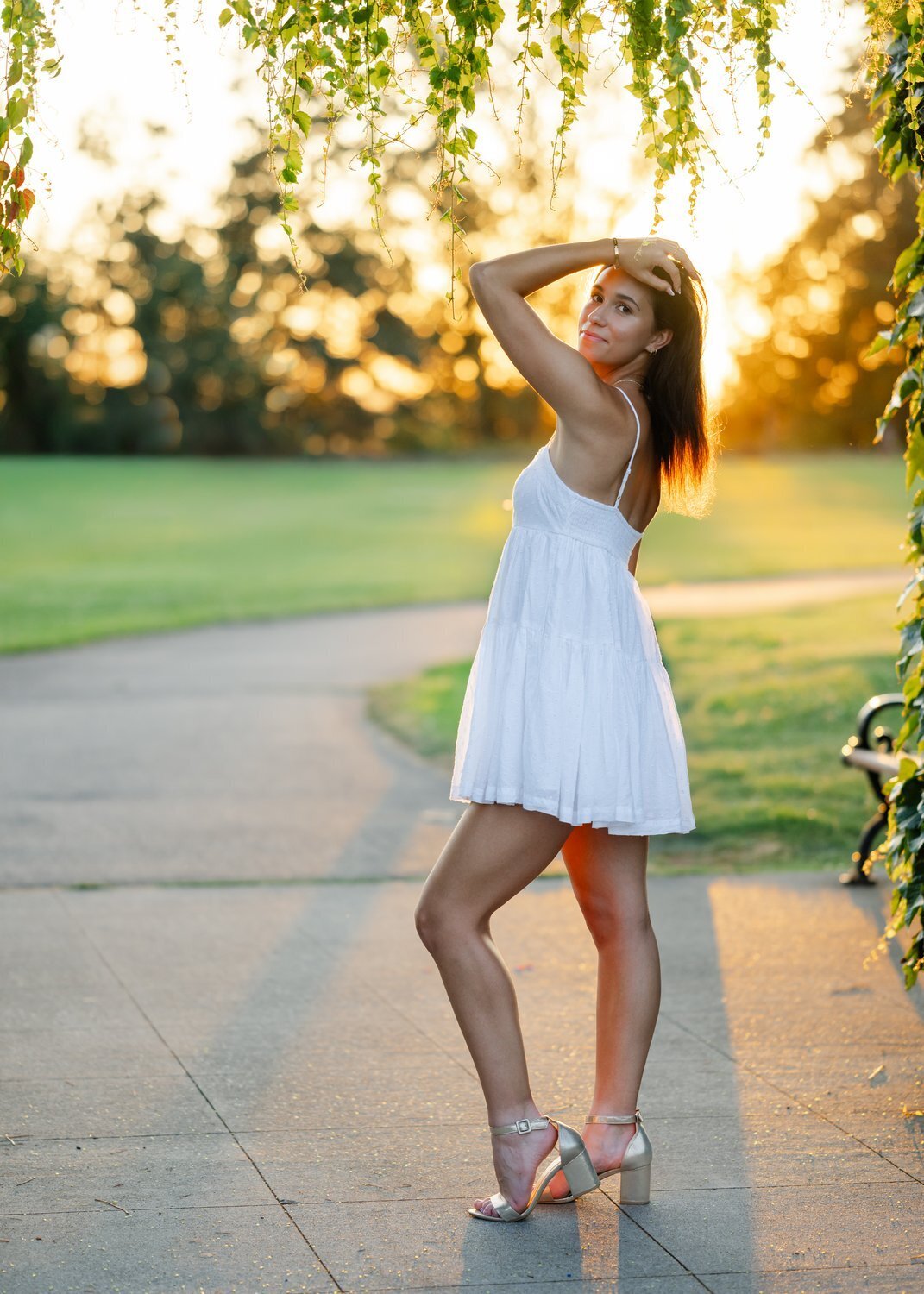 senior girl in white dress at heritage park kirkland