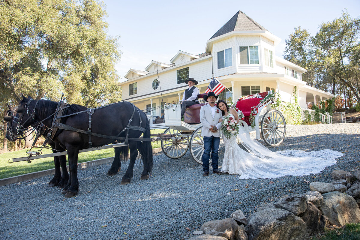 bride and groom with carriage and horses