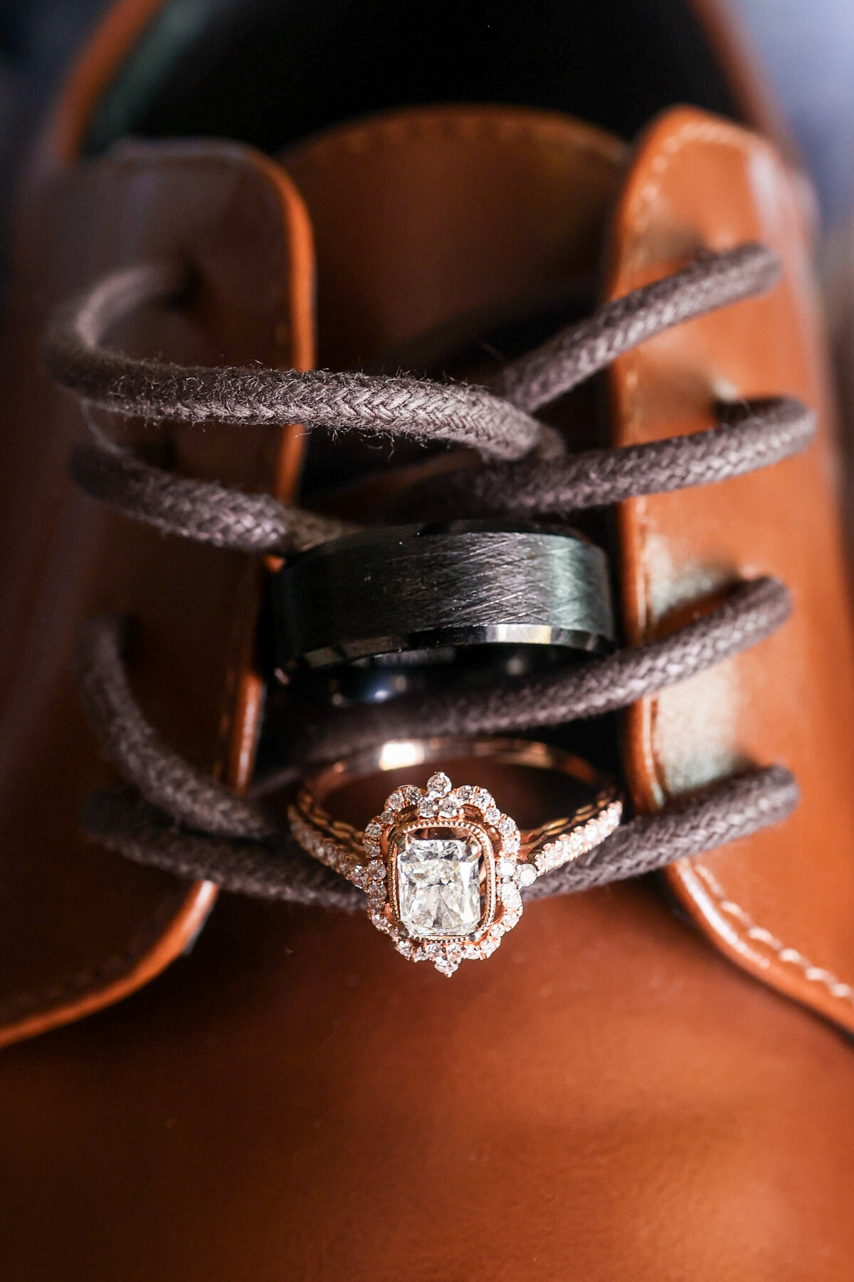 unique vintage wedding rings on groom shoes