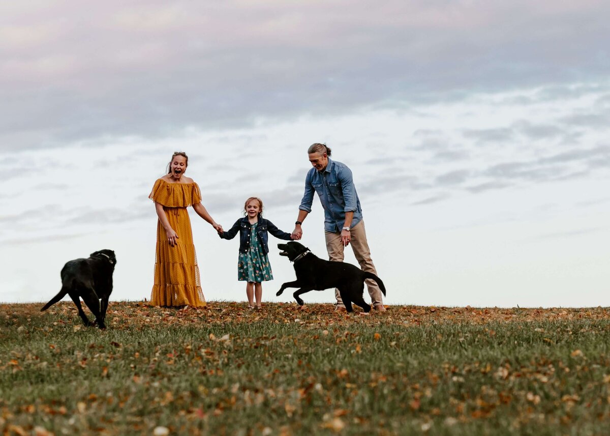 A Pittsburgh family photographer captures a family with their dog in a field.
