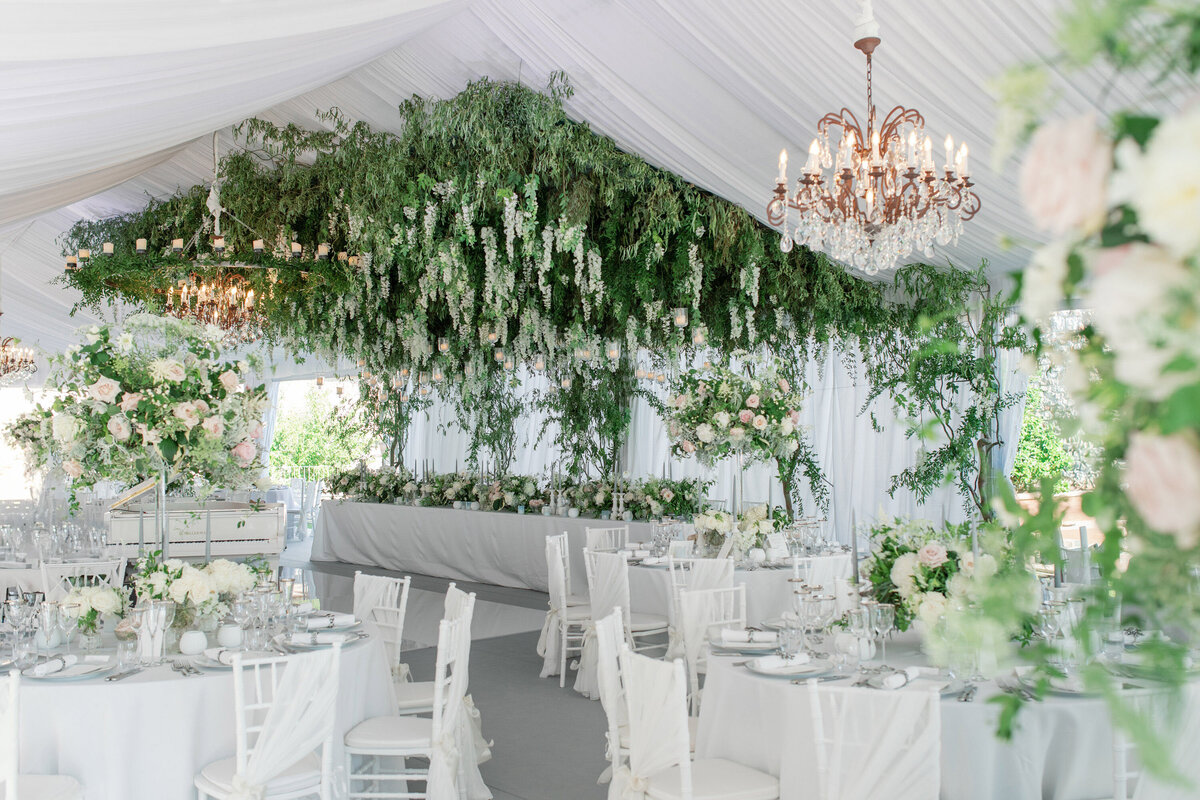 hanging flowers marquee italy tuscany luxury wedding wisteria