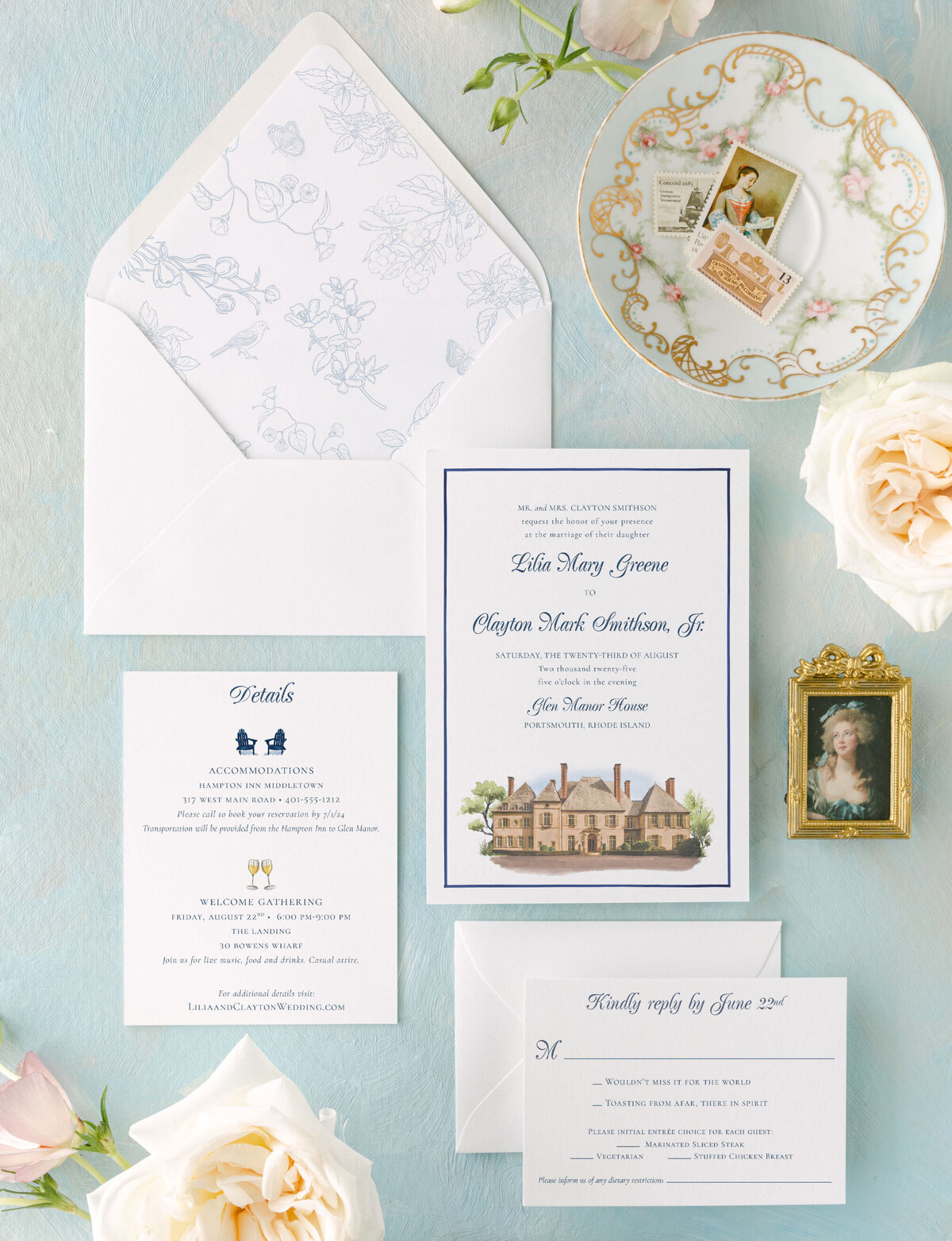 Glen Manor watercolor invitation suite showing watercolor design of Glen Manor House in Portsmouth RI. Weekend card, rsvp card and white envelope with floral liner shown on a blue background