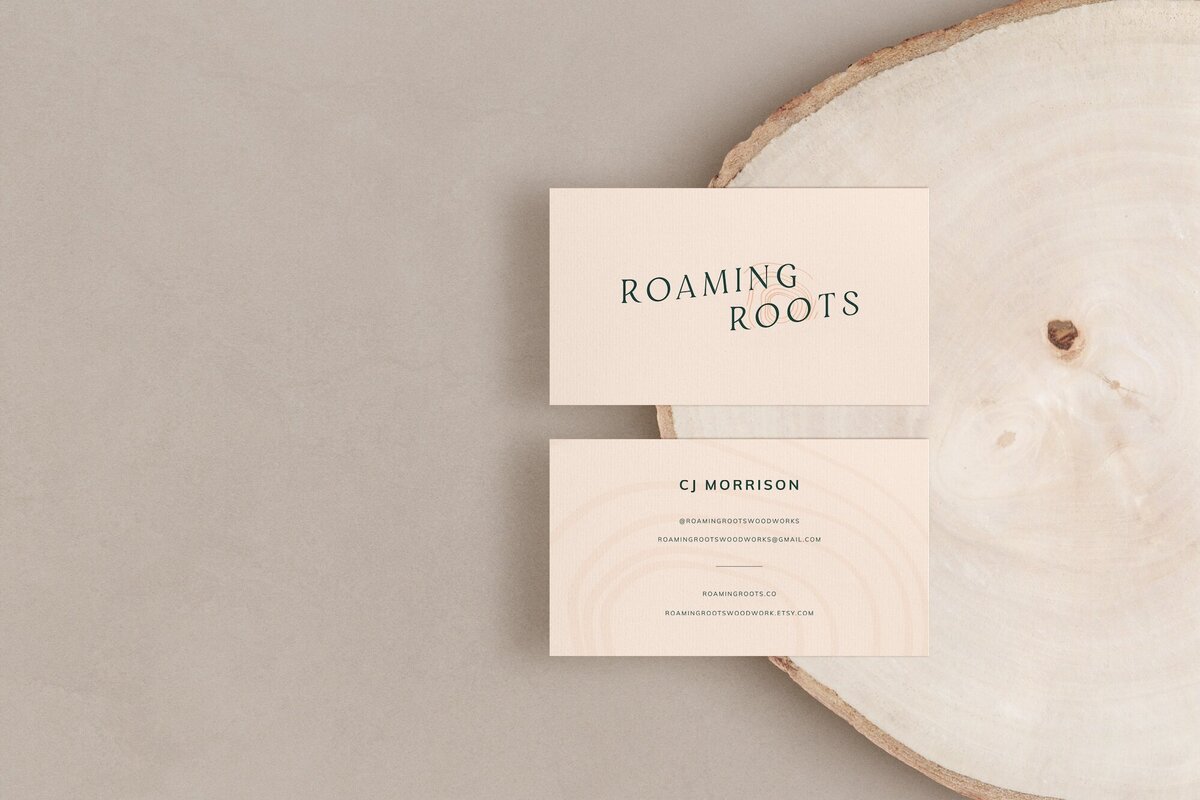 Business card design for roaming roots woodworks