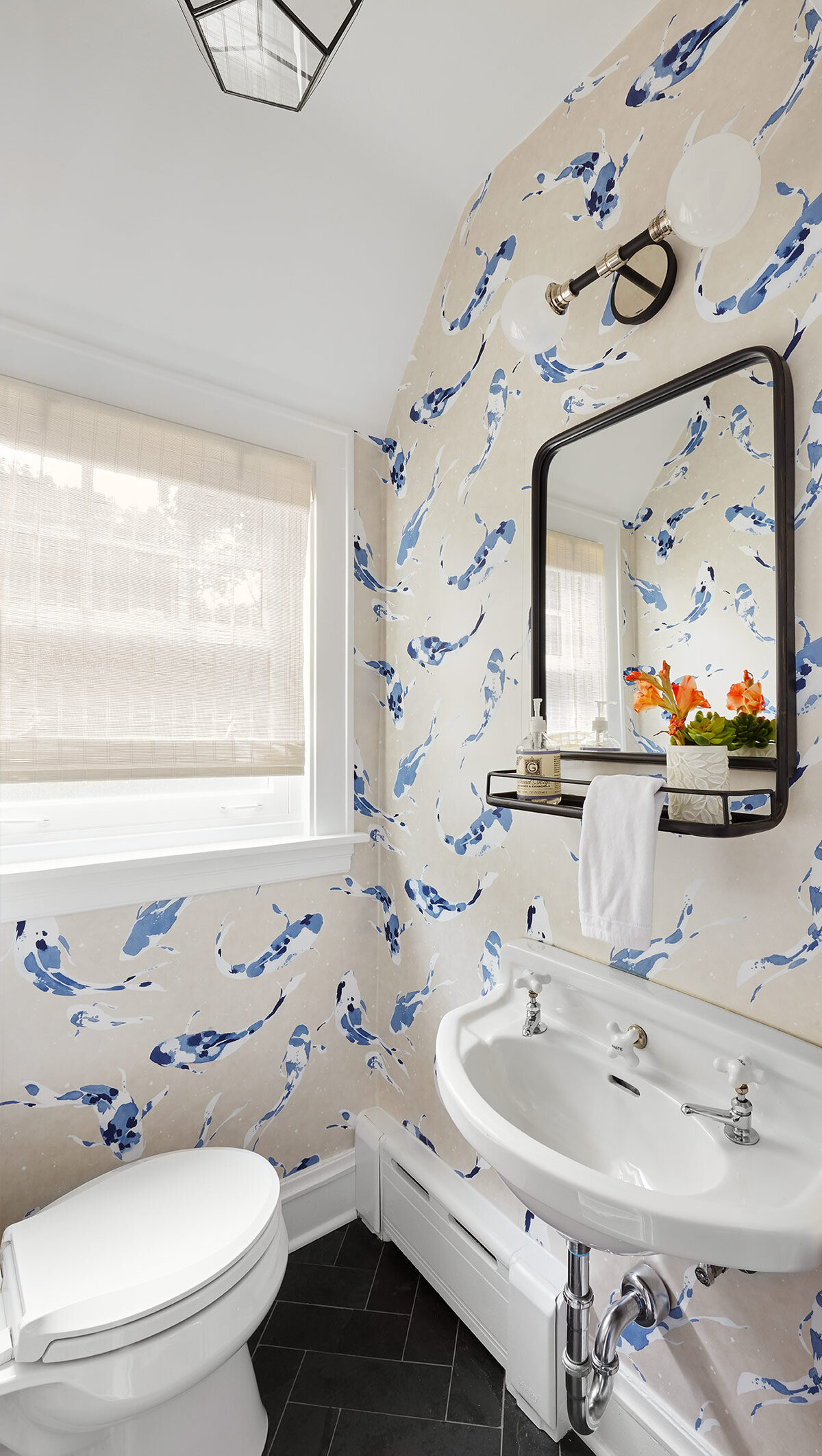 Powder room with blue and beige wallpaper