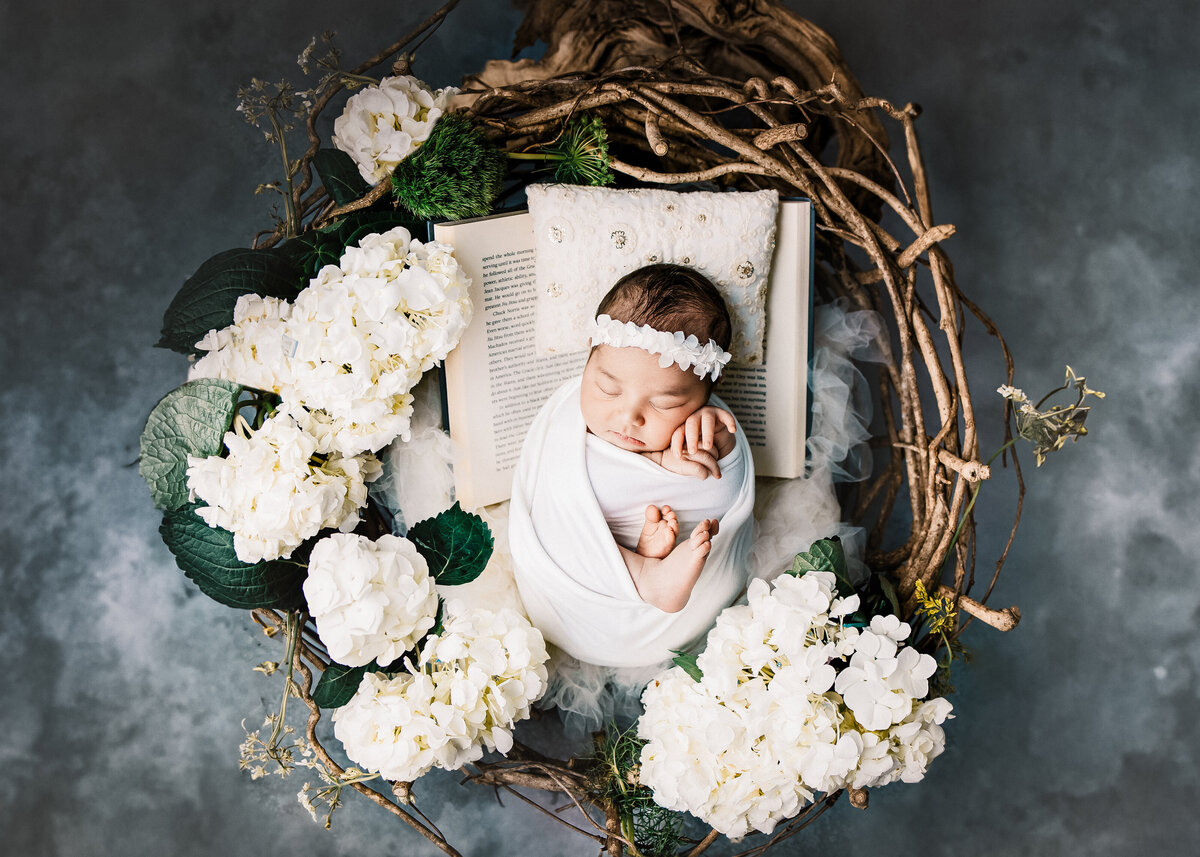 newborn in round natural basket in a bed of hydrangeas