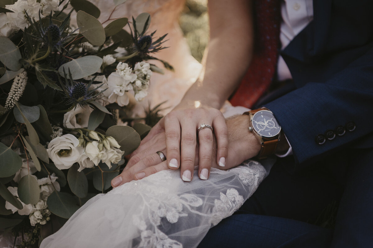 Bride's hand on top of groom's hand