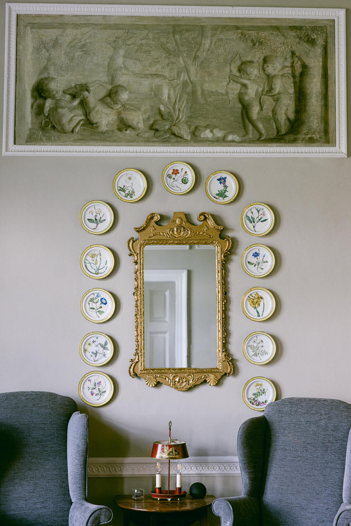 A wedding photo of a mirror in the grooms getting ready room at Luttrellstown Castle