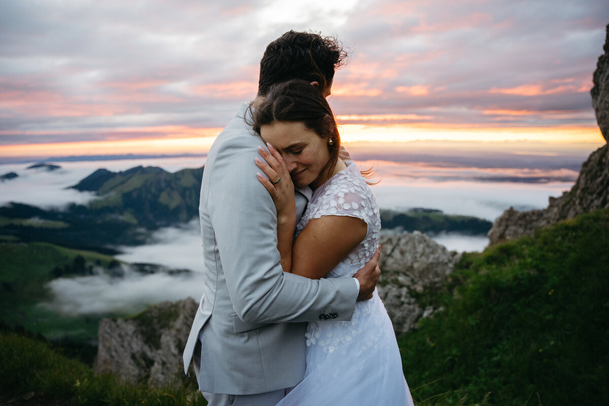 Sunset in Appenzell in mountains with eloping couple