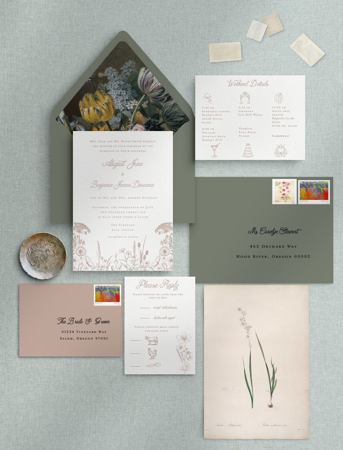 The Abigail Suite features wildflowers along bottom of invitation, a simple script font, and visual icons on reply and details cards. Letterpress on cotton paper.