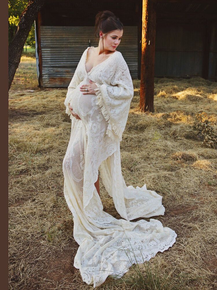 cream long lace maternity dress