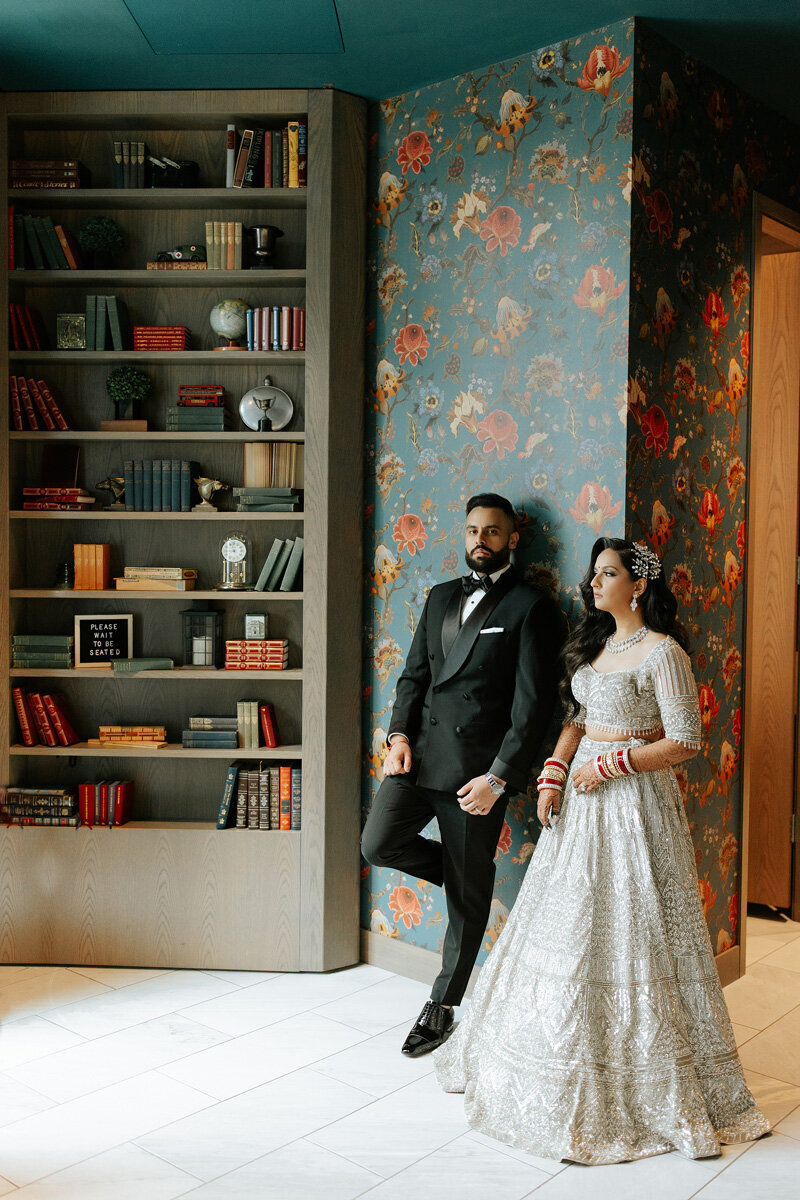 Bride and groom in hotel  room.