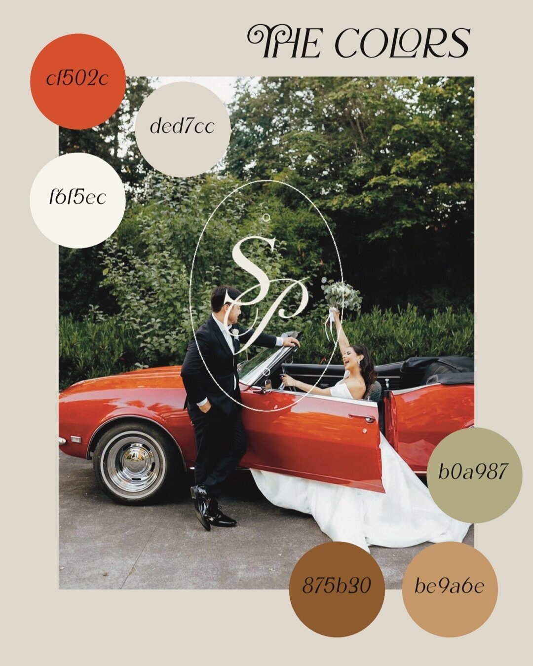 Circles with brand colors overlaid on a red corvette with a couple climbing into it representing full service design and calligraphy by Life in Letters.