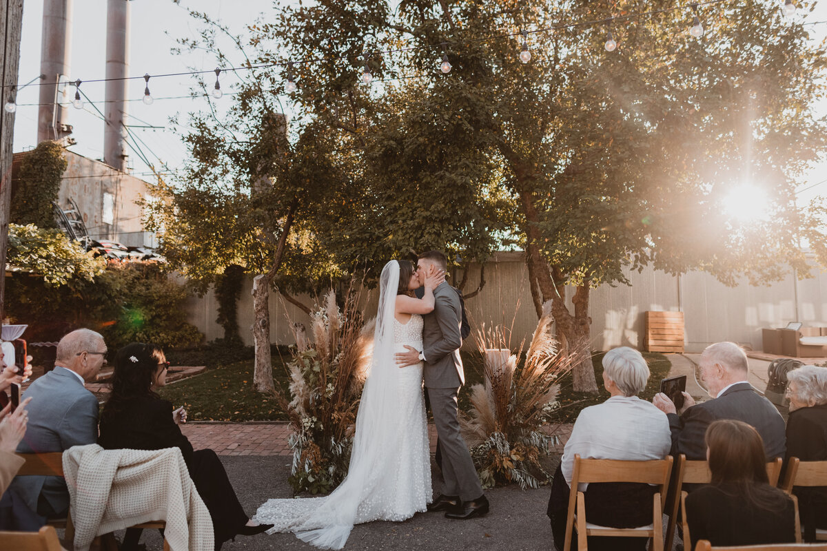Golden hour during a wedding ceremony at Blanc in Denver.