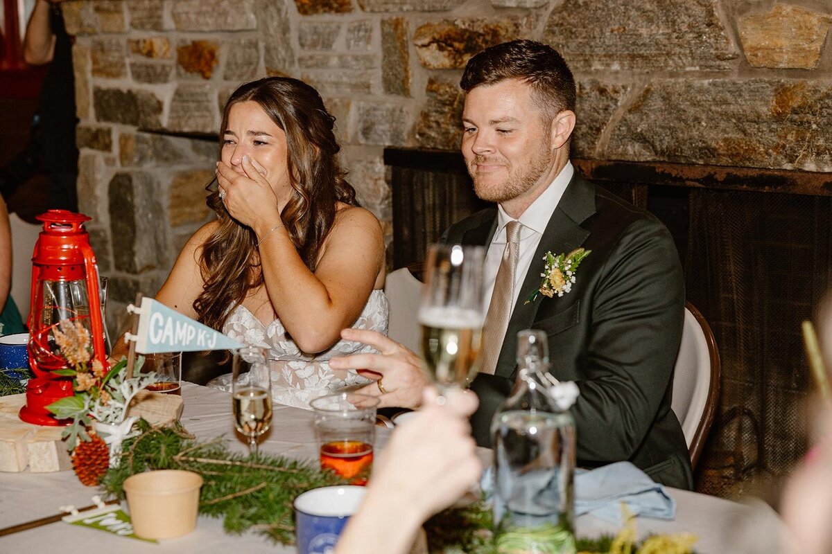 A bride and groom react to a toast being given by the maid of honor. 