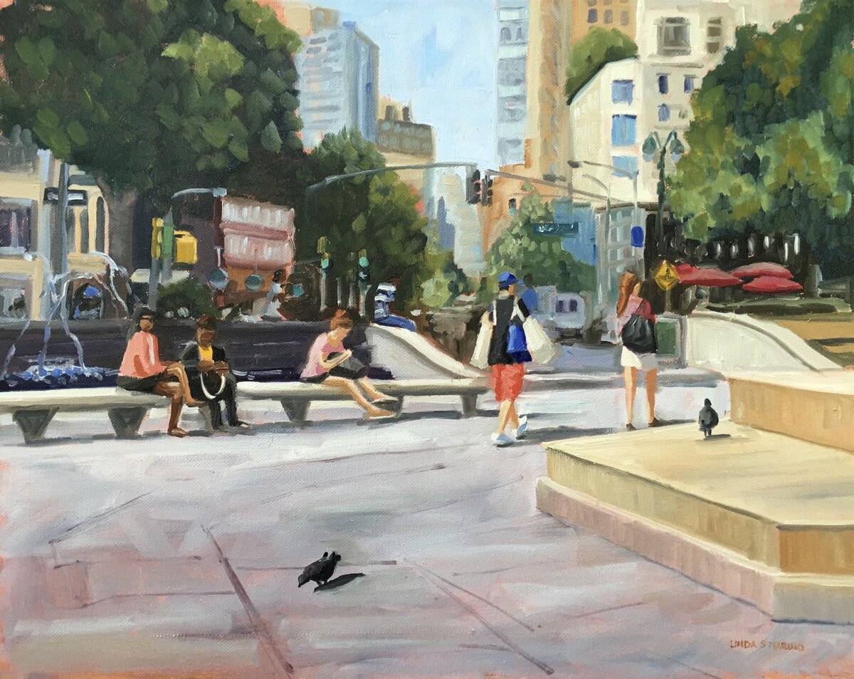 Painting of New York City Lincoln Center where people are walk and siting in the sunshine, 16 x 20, oil painting by Linda Marino