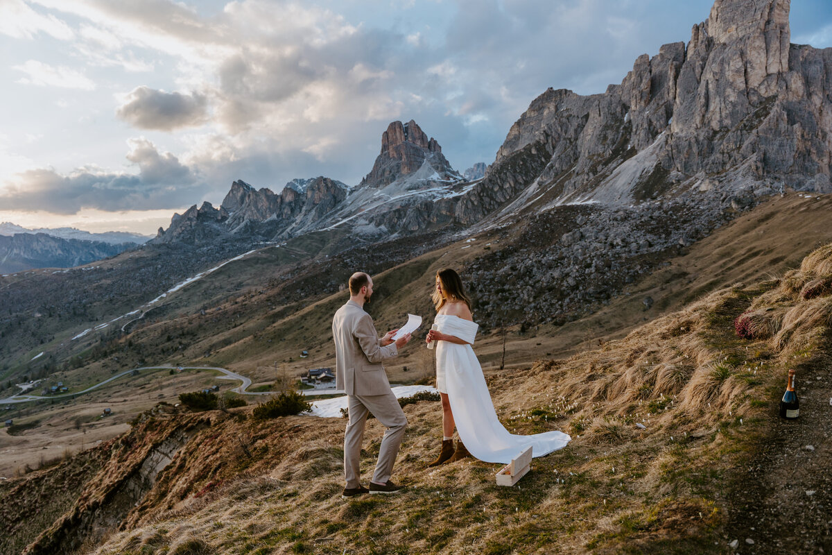 happy couple together in mountain elopement in Dolomites