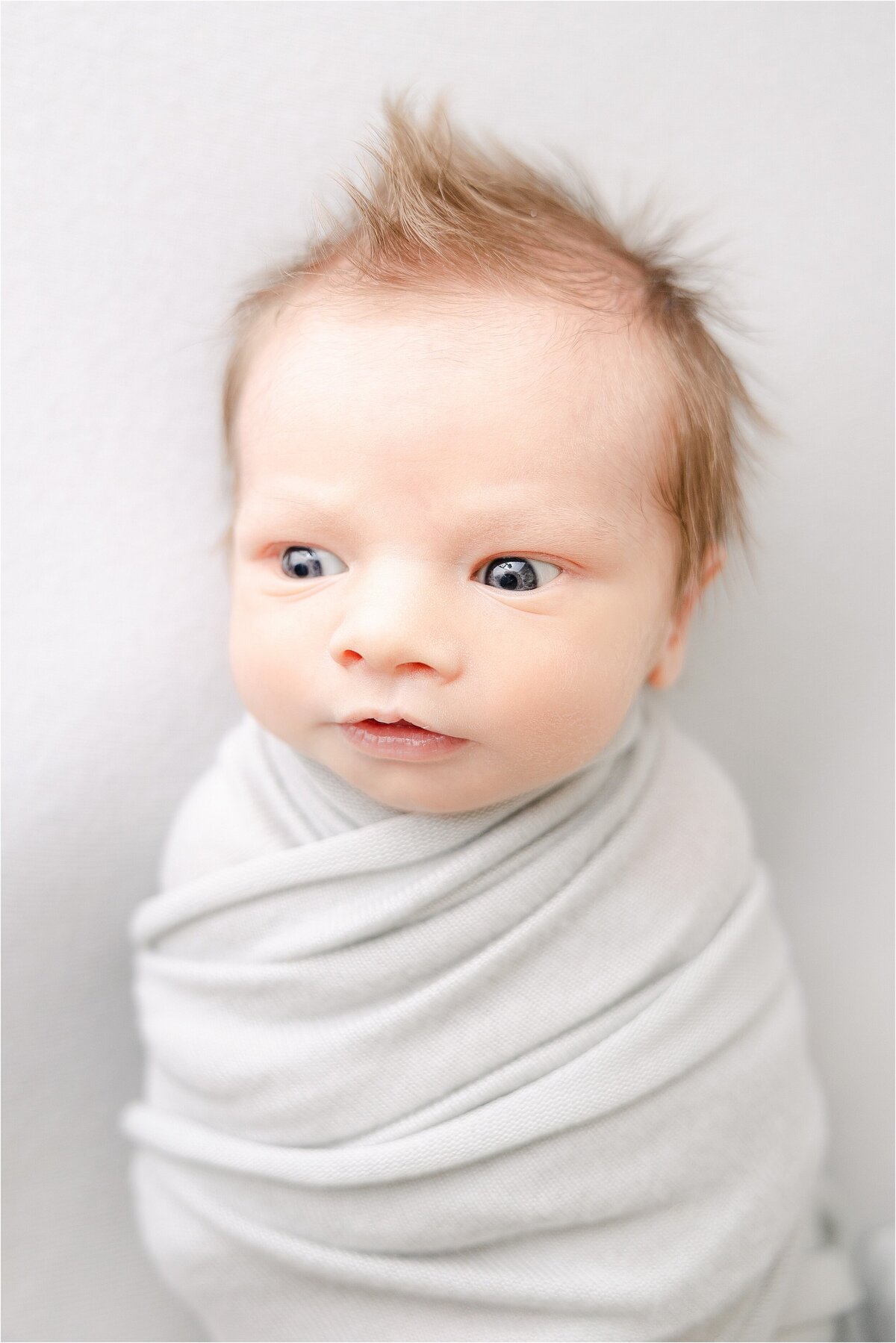 baby boy swaddled in grey at studio newborn session