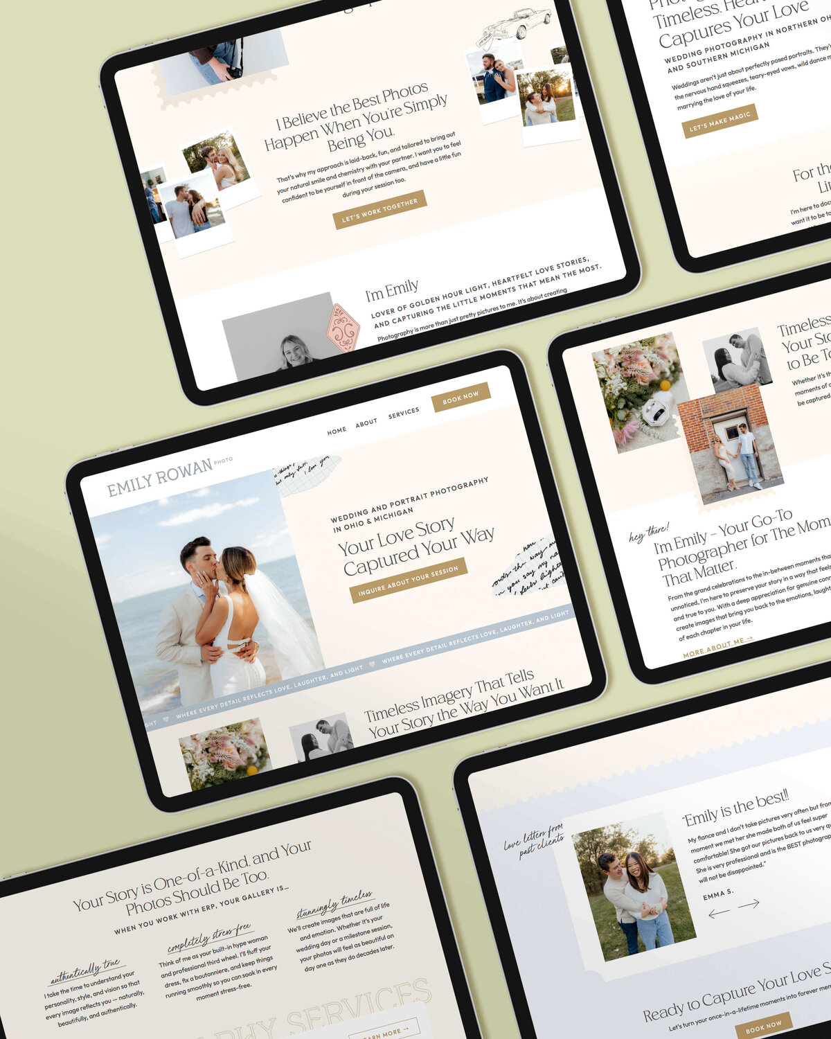 Romantic, feminine website design for wedding photographers with soft colors, elegant type, and story-driven layouts.