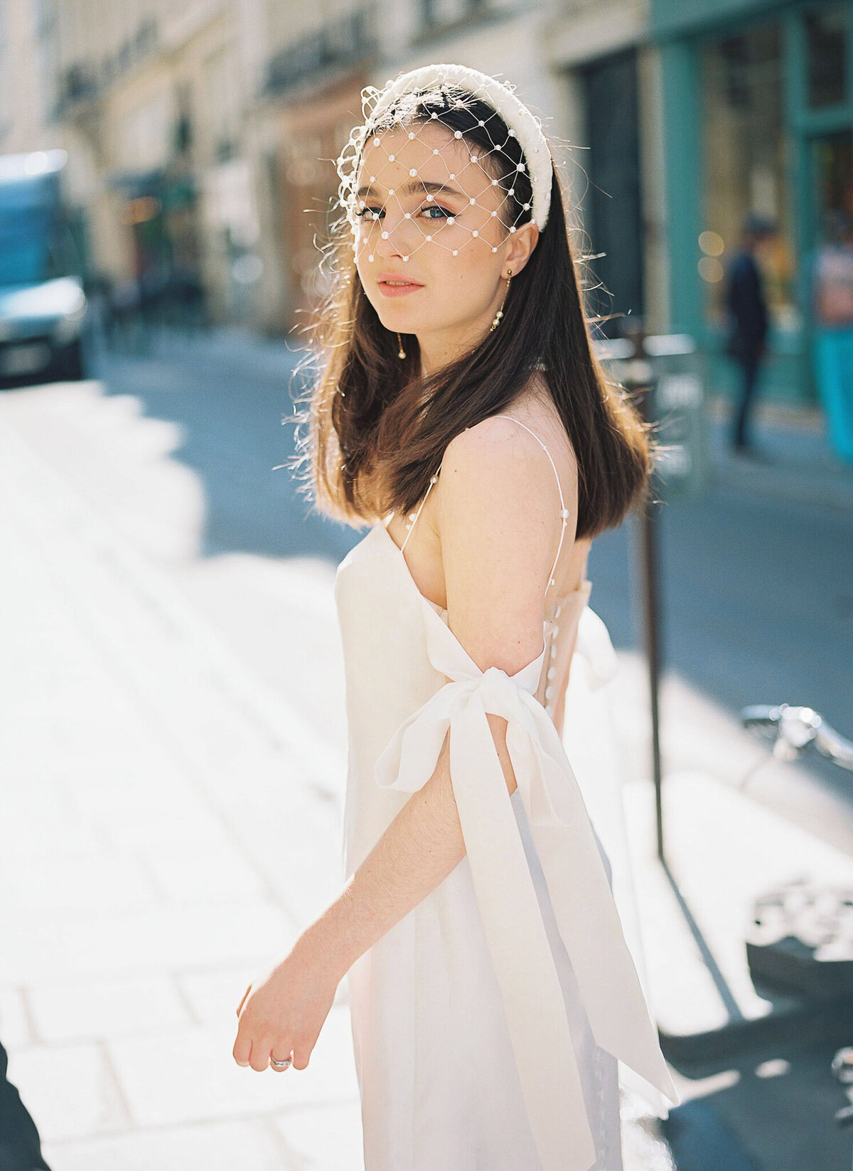 White vintage-inspired headband with fishnet hair piece by Blair Nadeau Bridal Adornments, romantic and modern wedding jewelry based in Brampton.  Featured on the Brontë Bride Vendor Guide.
