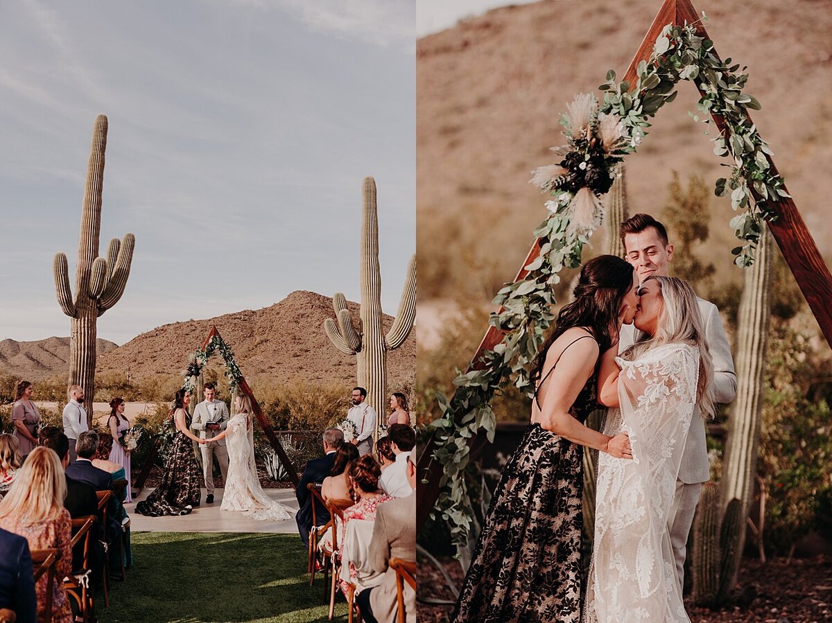 Two brides share their first kiss during their desert ceremony