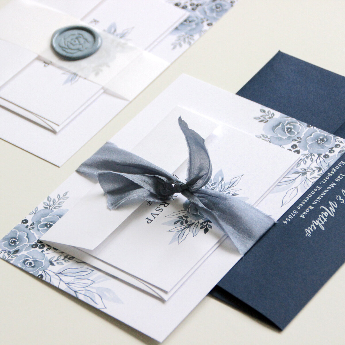 dusty blue wedding invitations with silk ribbon