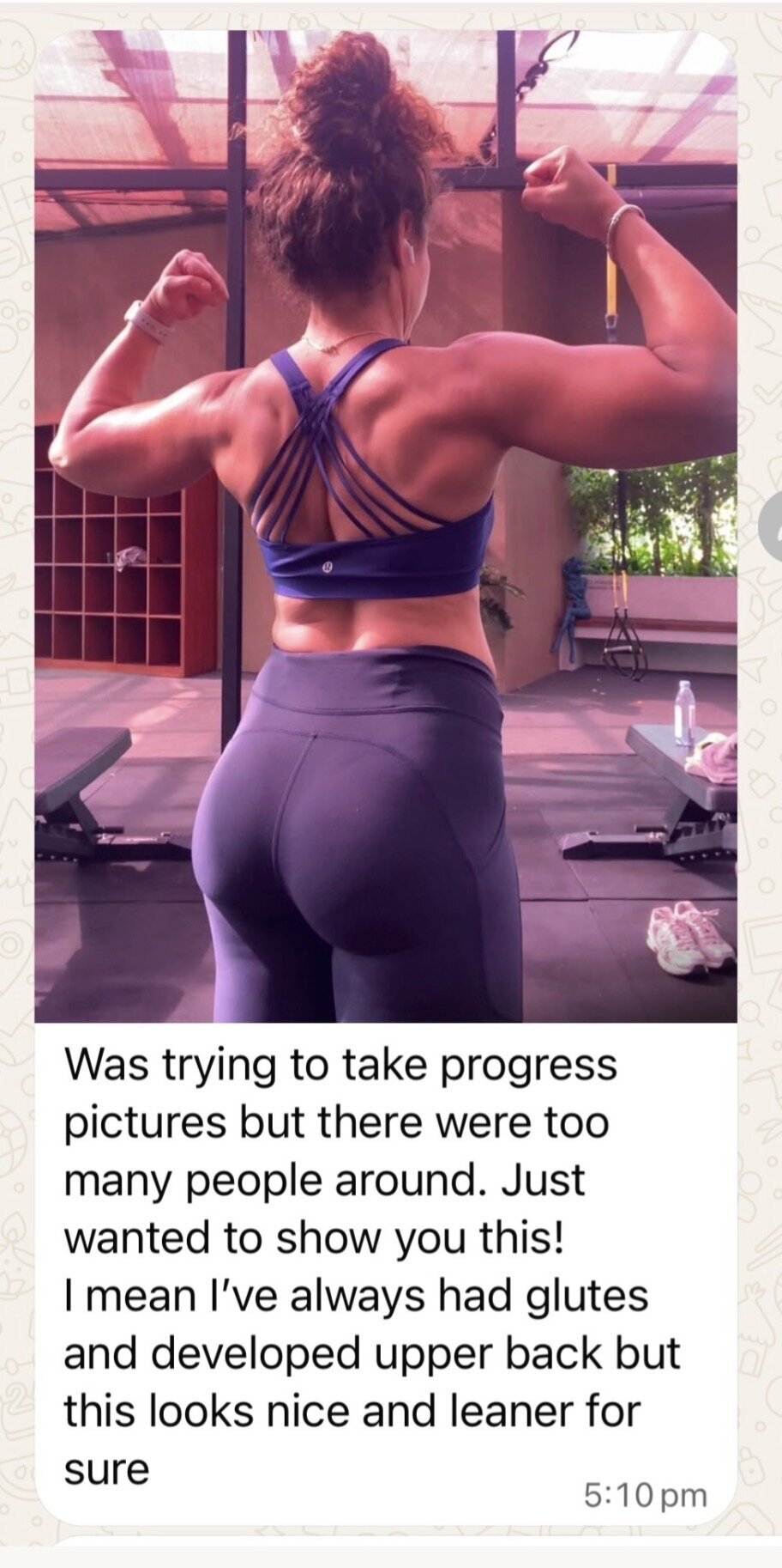 1:1 client WhatsApp progress photo, looking leaner
