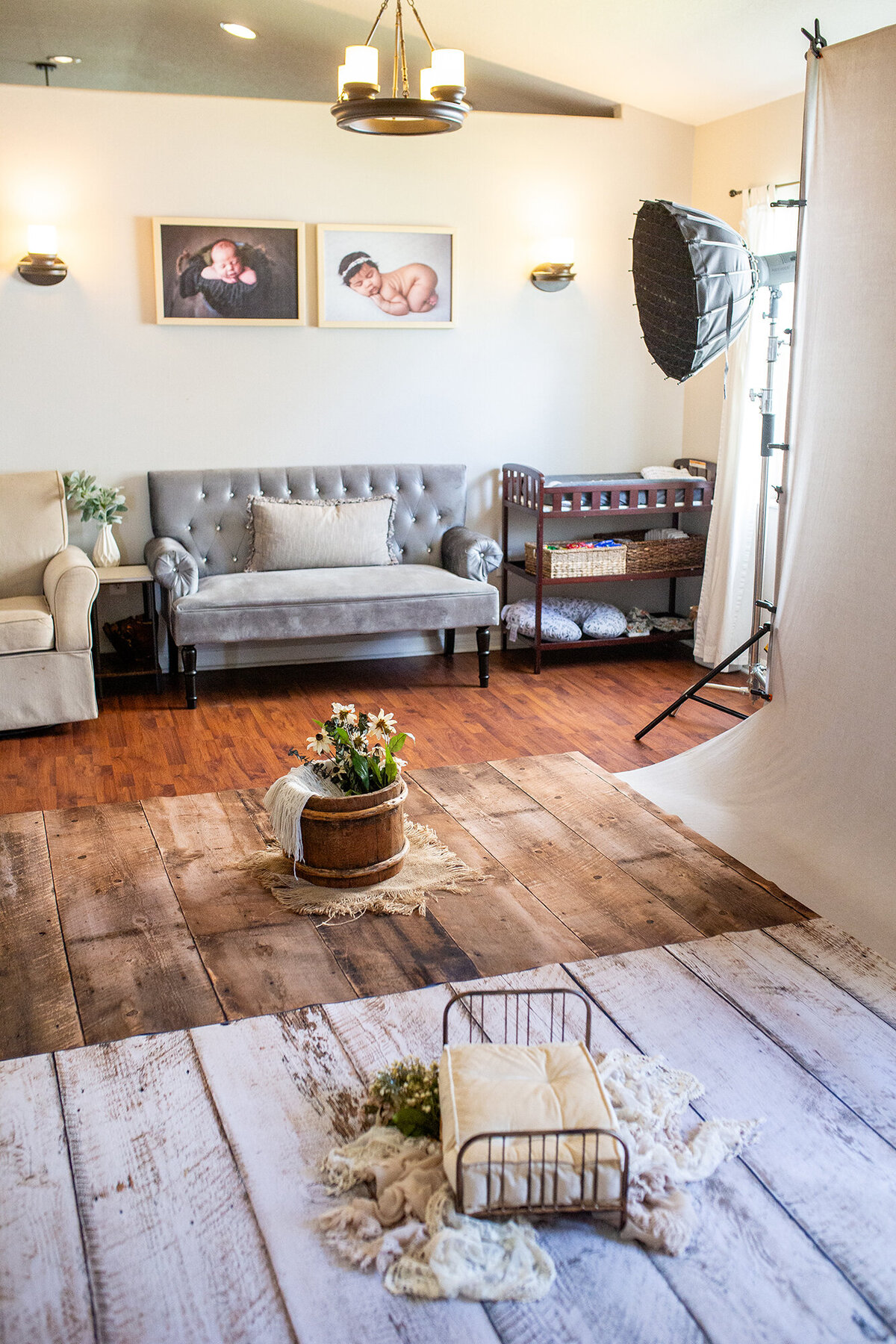 Inside studio tour showing newborn setups, client lounge and backdrops. Studio in Riverview FL 
