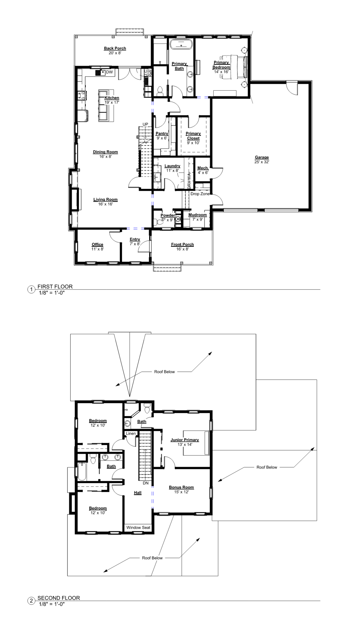 The Rosie: a single level two bedroom, two and half bathroom house plan by Pretty House Plans. 