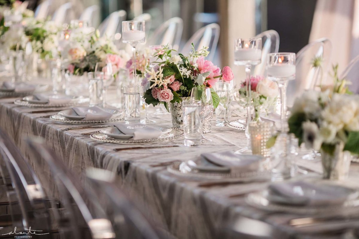 Grey ikat linens perfectly compliment this blush peony wedding.