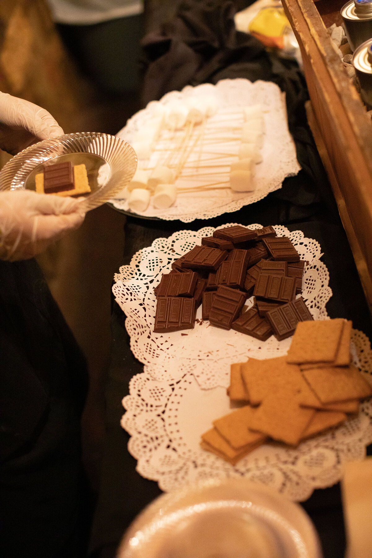 graham crackers, and chocolate for smores at wedding reception