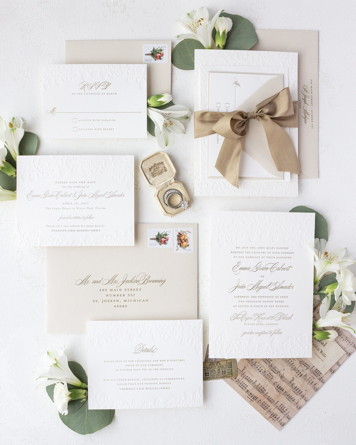 neutral color palette wedding invitations with blind letterpress