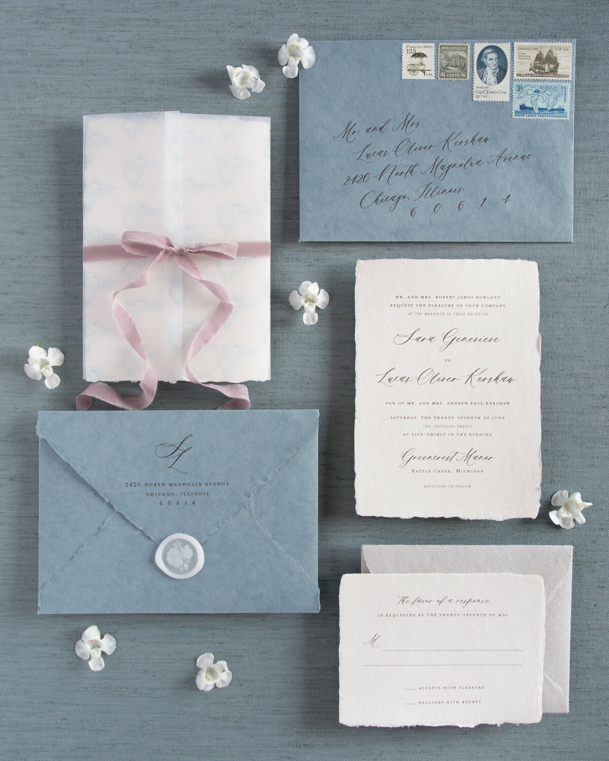 Kelly McDevitt Design Romantic Dusty Blue Wedding Invite