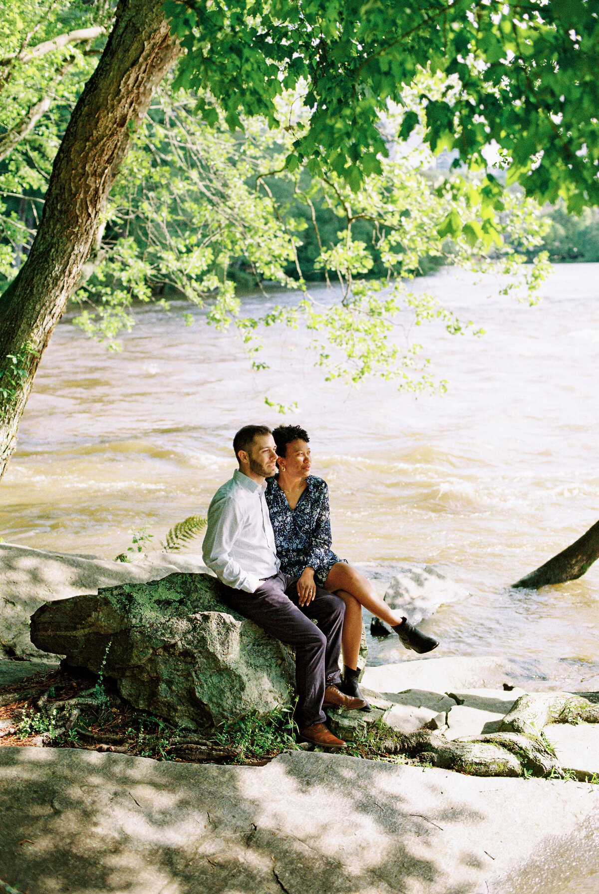 Chattahoochee Coffee Company couples engagement photography session on Chattahoochee River in Atlanta, Georgia on film photography