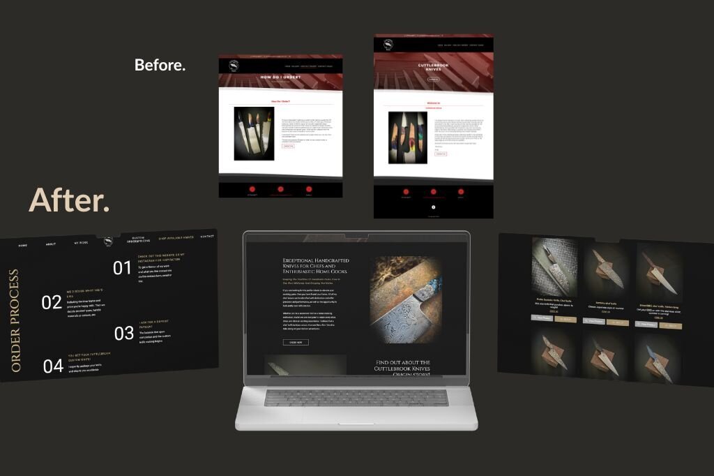 Cuttlebrook Knives: Visual comparison of Cuttlebrook Knives’ website before and after redesign, replacing a red and black layout with a modern dark theme featuring product highlights, clear order steps, and high-quality knife images.