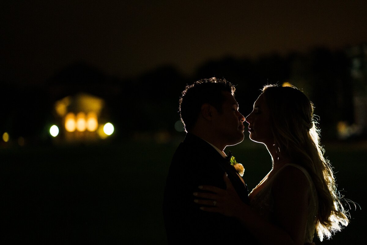 Silhouette of a wedding couple about to kiss.