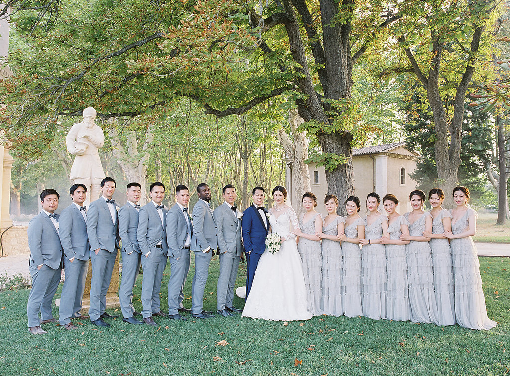 Wedding couple, bridemaids and groomsmen, luxury wedding, Château de Fonscolombe, Provence, France