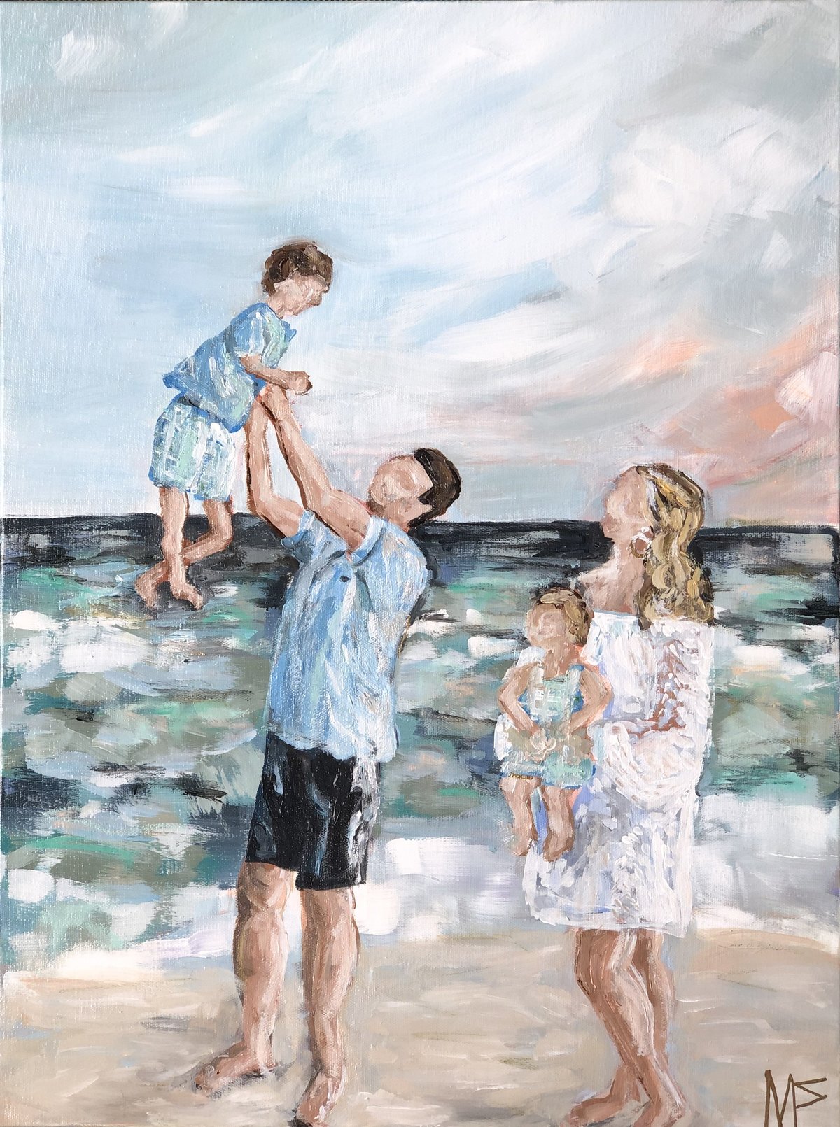 Commissioned painting by Miriam Shufelt, family on the beach