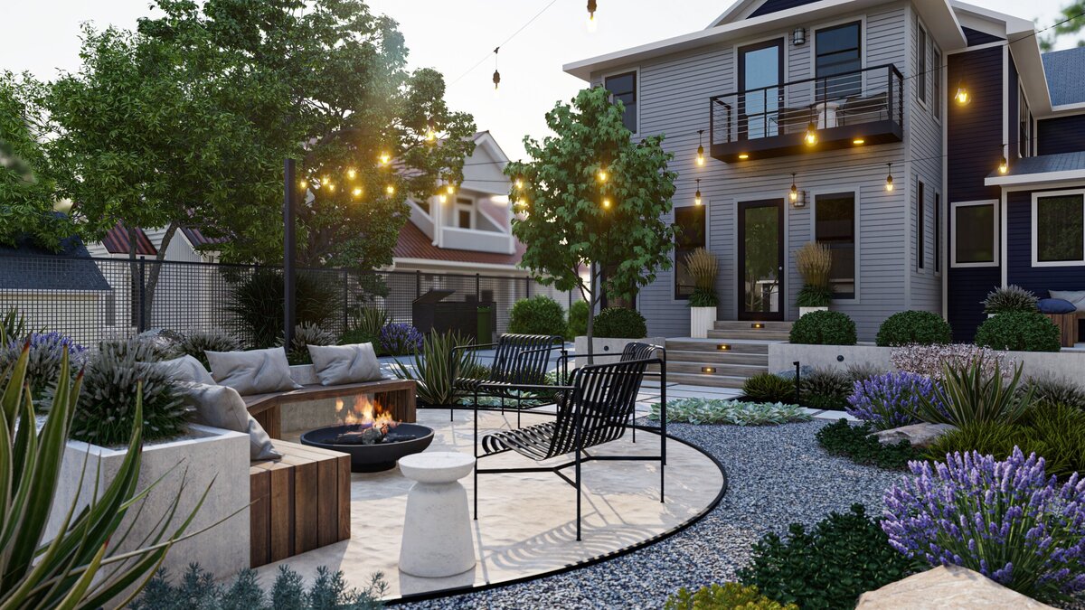 Afternoon view of fire pit surrounded by modern chairs, garden plantings, and pathway pavers leading back to the home.