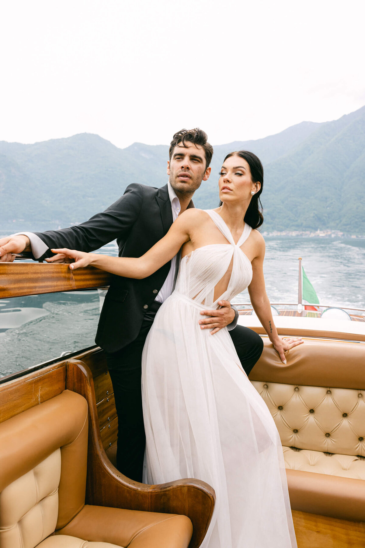 A wedding photo of the couple at Villa Balbiano on Lake Como in Italy